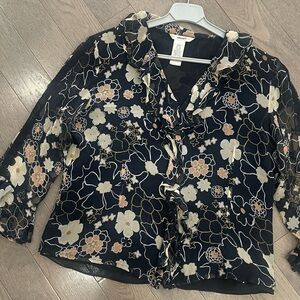 Edward 100% Silk Floral Sheer Blouse - Black and Cream • Size Medium